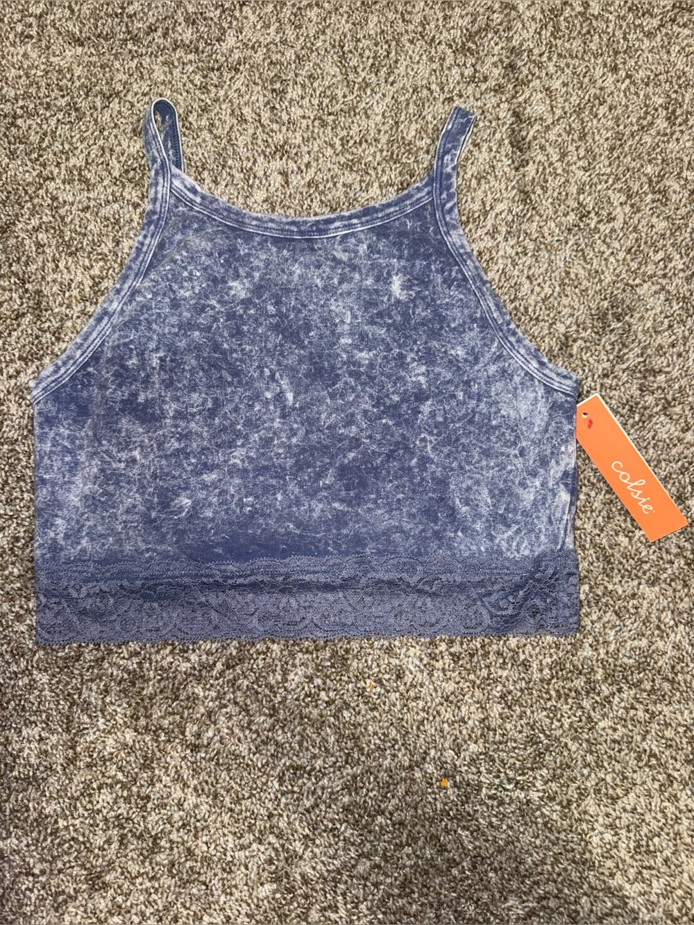 Blue Acid Wash Lace Trim Cropped Workout Tank Top